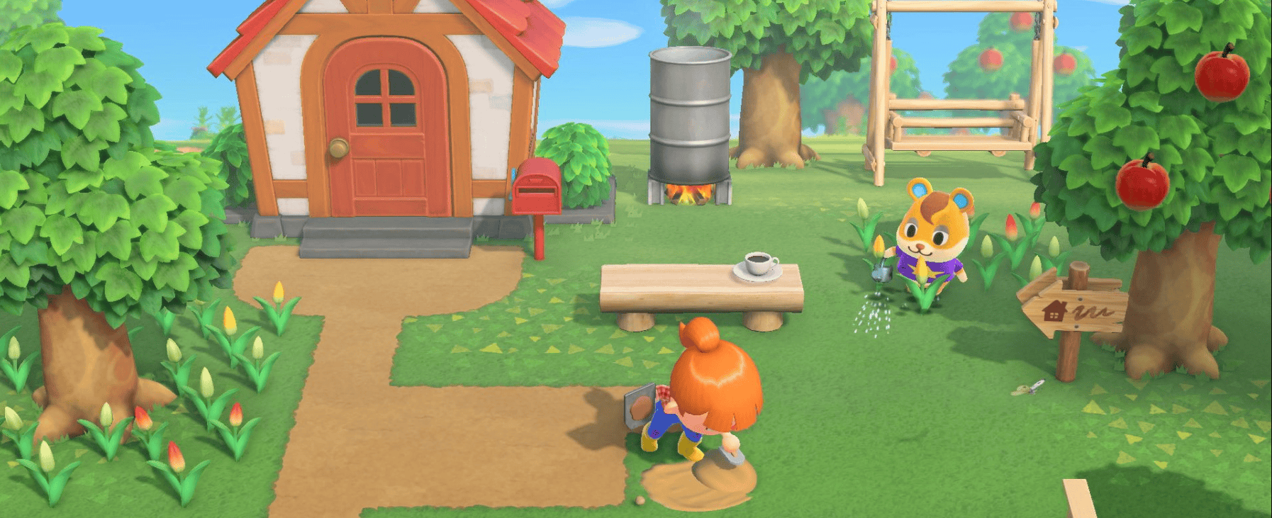 Setup gamer minimalista com luzes quentes, plantas e um controle de Switch, rodando Animal Crossing