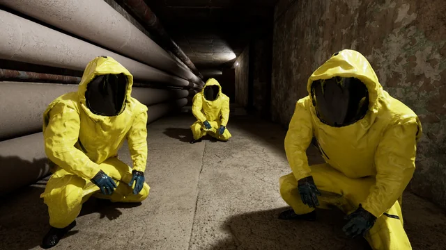 Pesquisador em traje Hazmat amarelo segurando uma câmera VHS em corredor infinito