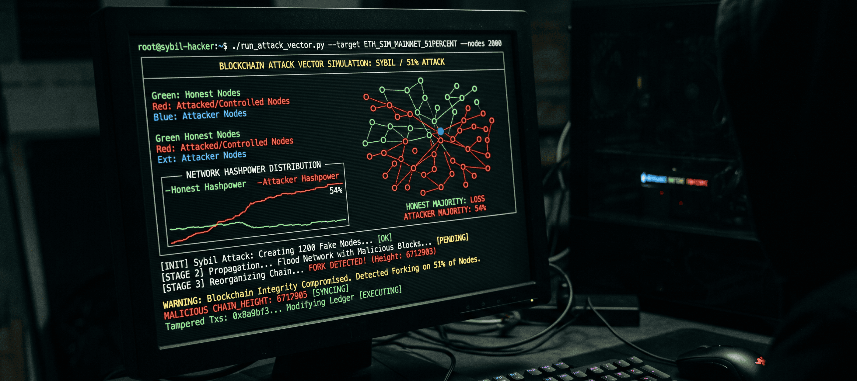 Tela de terminal escuro mostrando scripts e rotas de blockchain simulando o ataque
