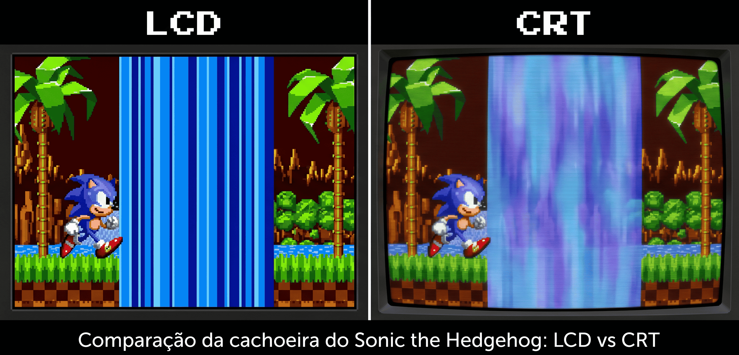 Comparação da cachoeira do Sonic the Hedgehog: LCD vs CRT