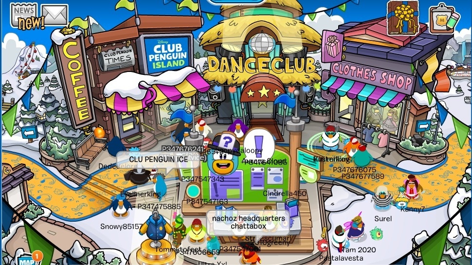 Vários pinguins coloridos reunidos no centro da cidade nevada, com balões de fala sobre suas cabeças.