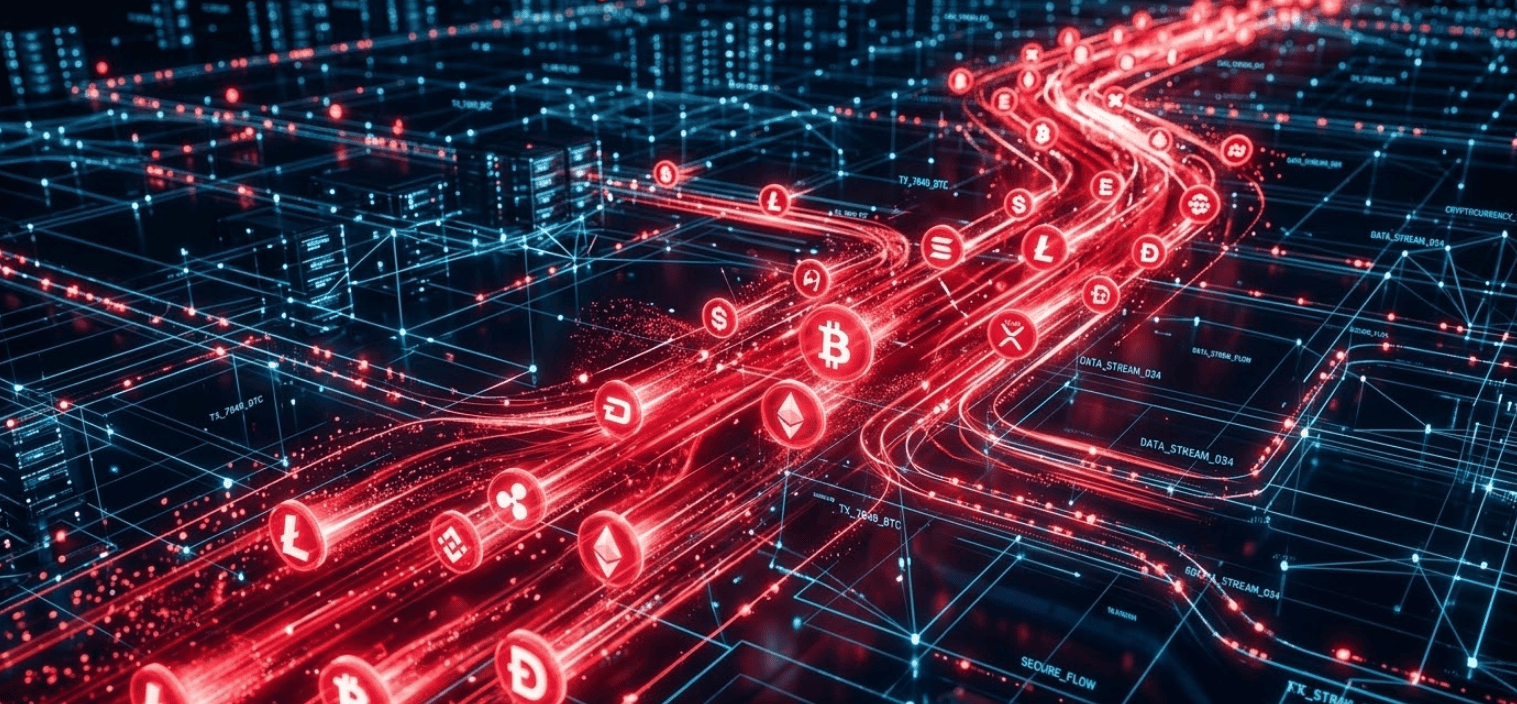 Fluxo de dados em rede com ícones de criptomoedas vermelhos.