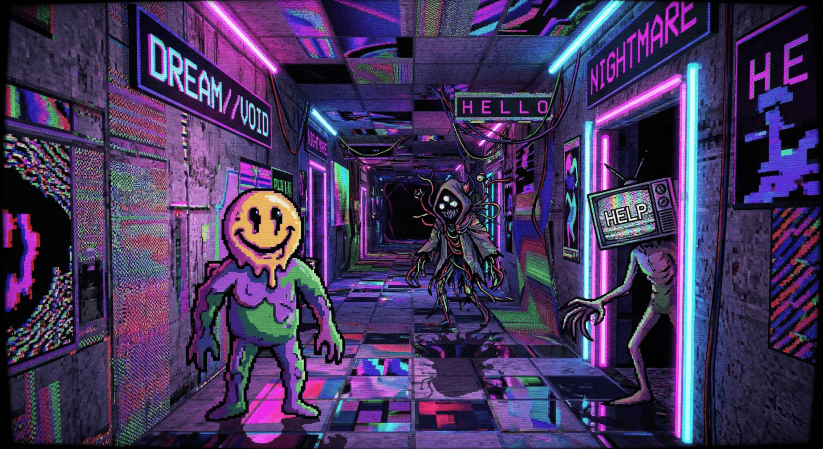 Gráficos psicodélicos de PS1 mostrando um corredor neon com texturas distorcidas e personagens estranhos