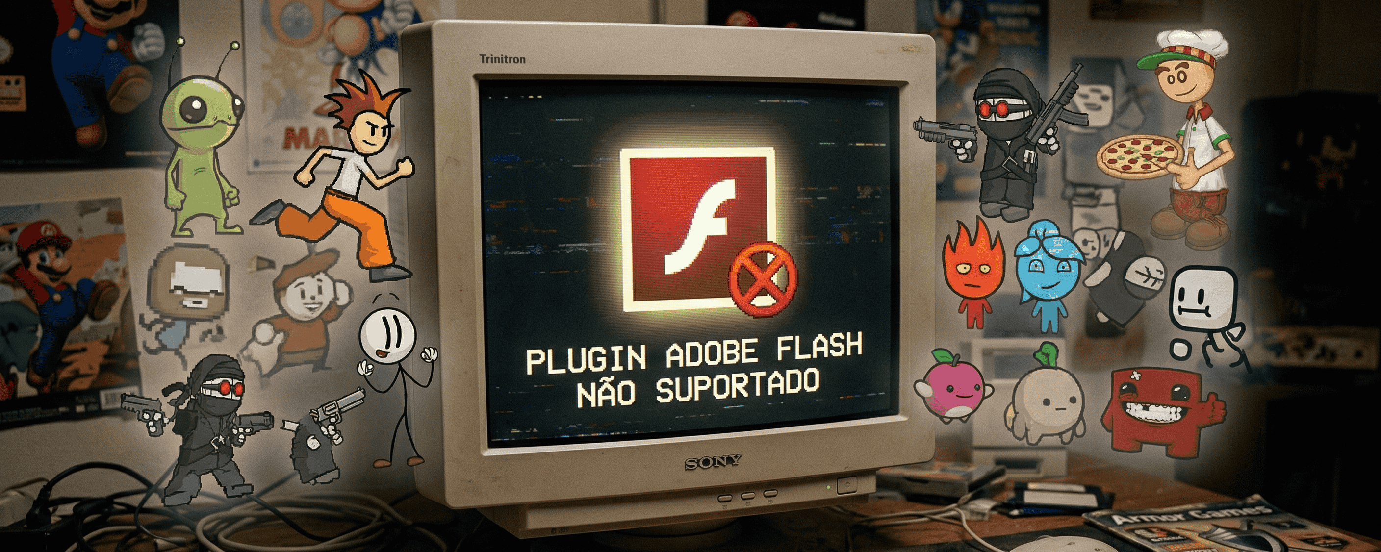 Monitor de tubo antigo exibindo o ícone de 'Plugin Adobe Flash não suportado' em meio a personagens clássicos de jogos em flash desbotados