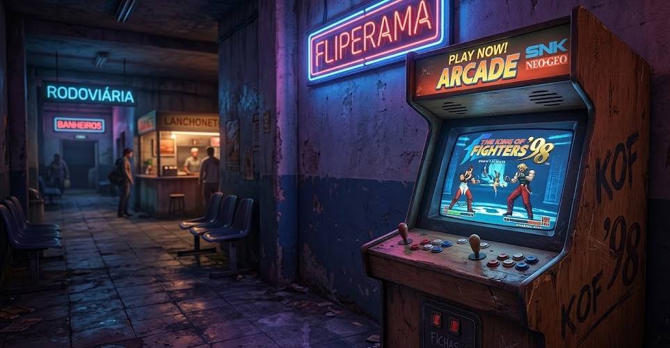 Máquina de fliperama clássica em um ambiente rústico iluminado por neon