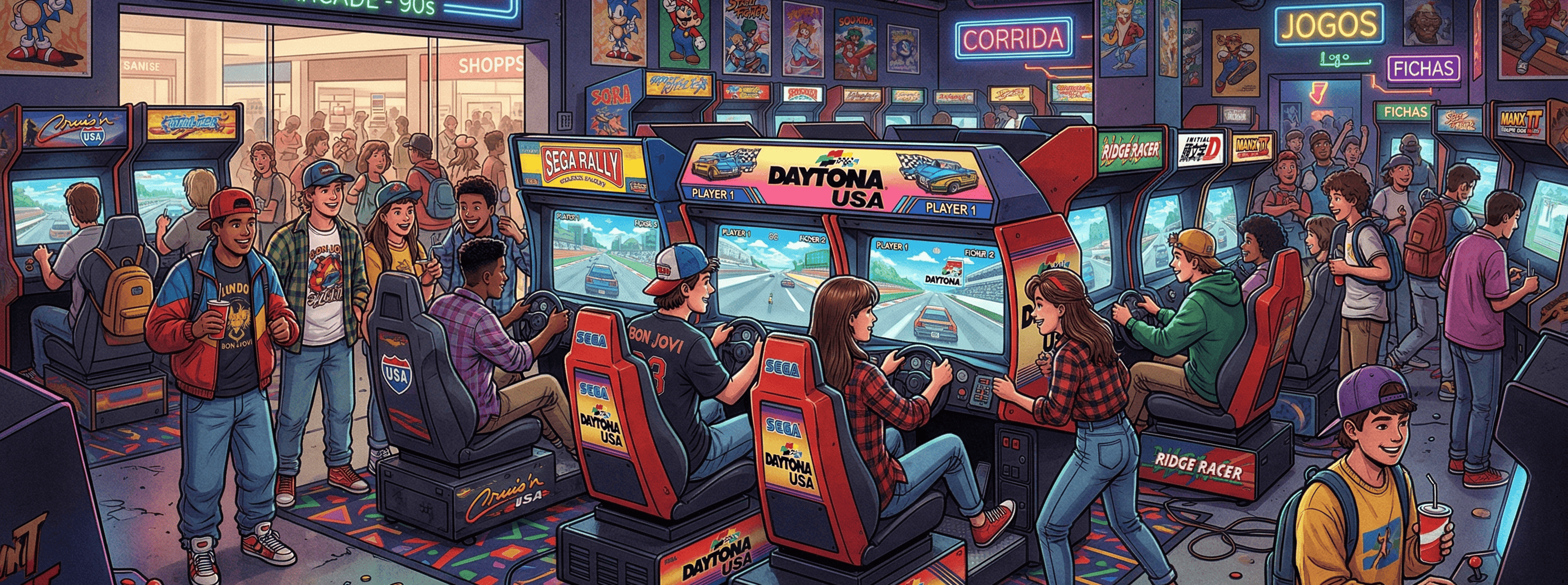Visão de um salão de fliperamas de shopping nos anos 90, repleto de simuladores de corrida