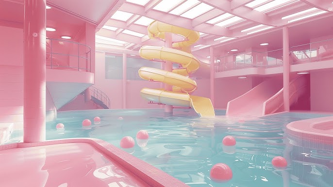 Um parquinho infantil flutuando em um céu de cores pastéis sob um olhar gigante, com estética retro e granulada