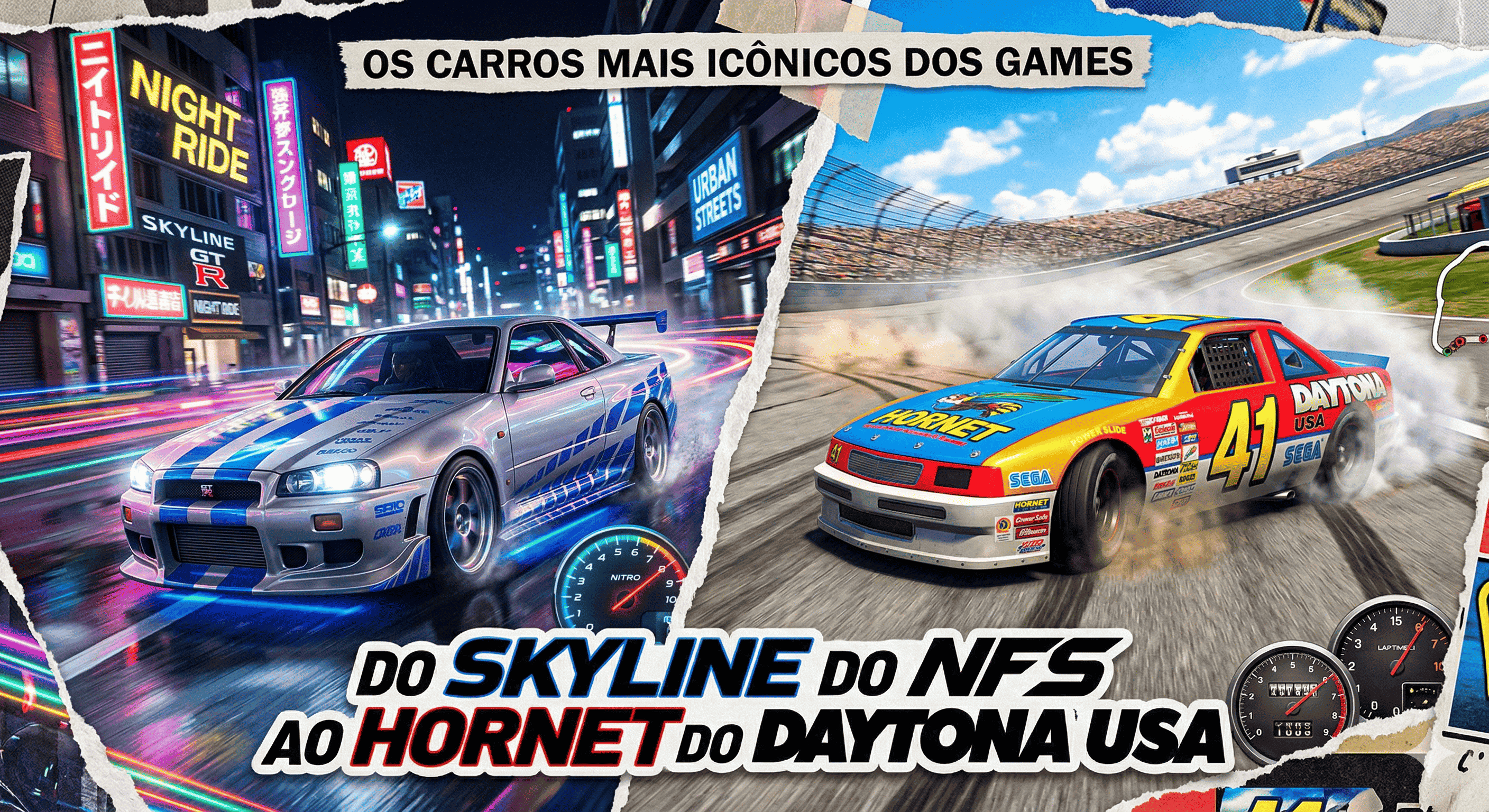 Colagem com o Skyline R34 e o Hornet do Daytona USA