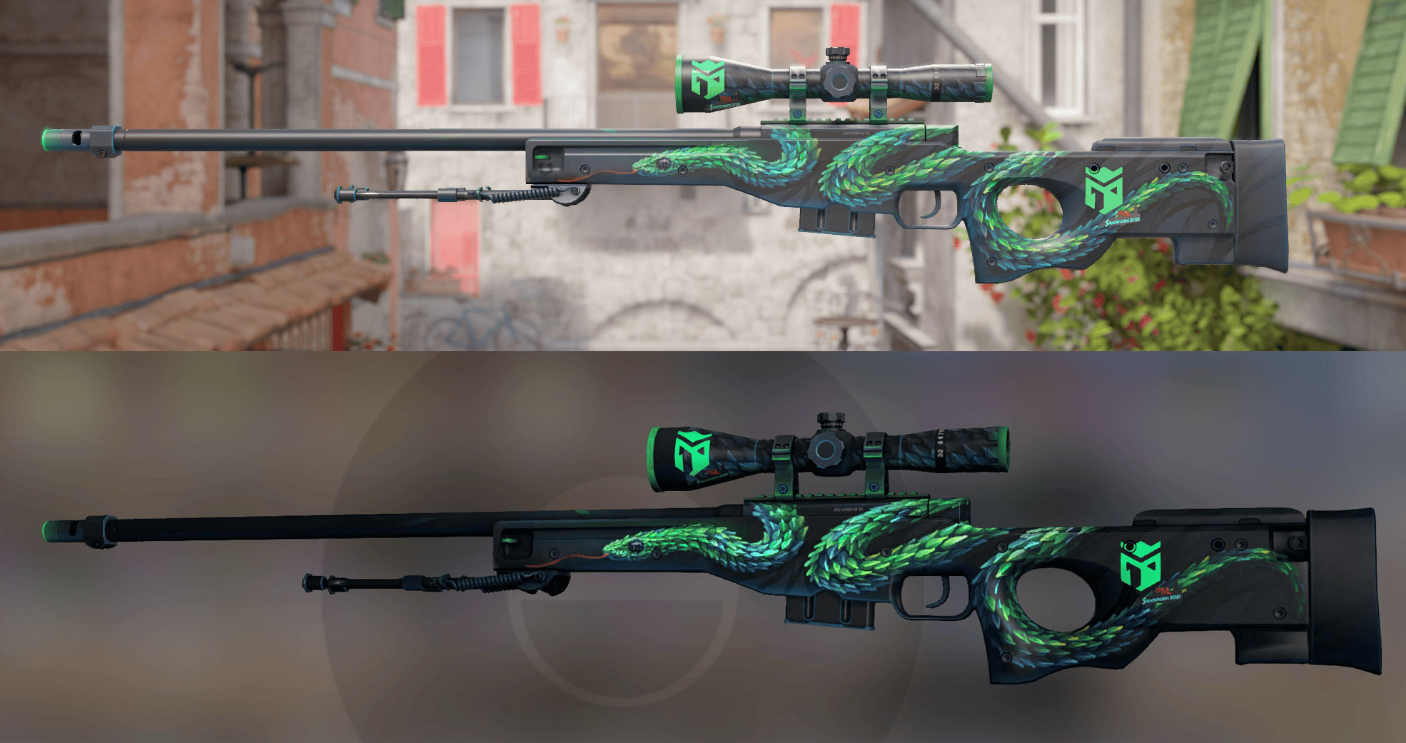 Comparação visual da skin AWP 'Dragon Lore' no CS:GO (esquerda) vs. CS2 com Source 2 (direita)