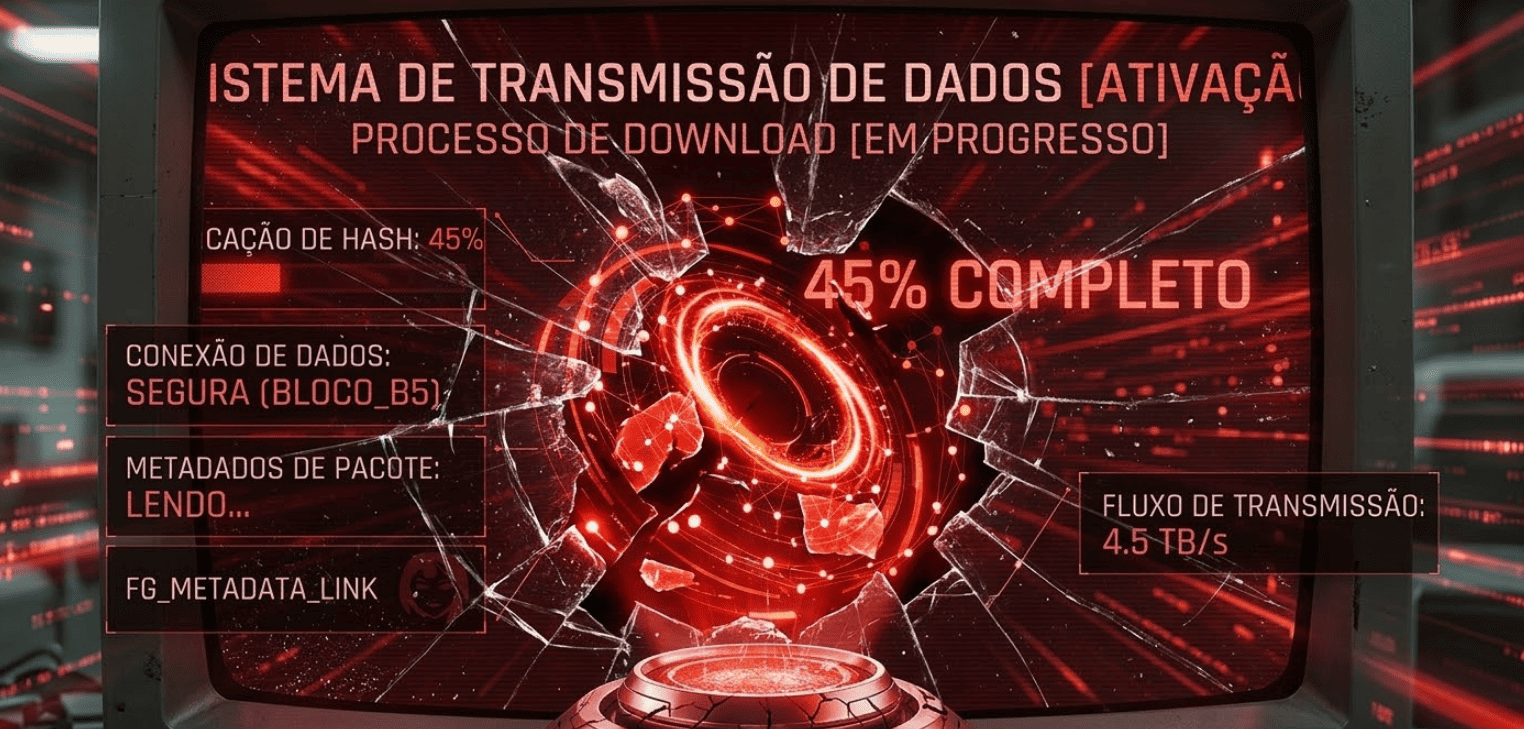 Monitor fragmentado exibindo código distorcido em vermelho intenso.