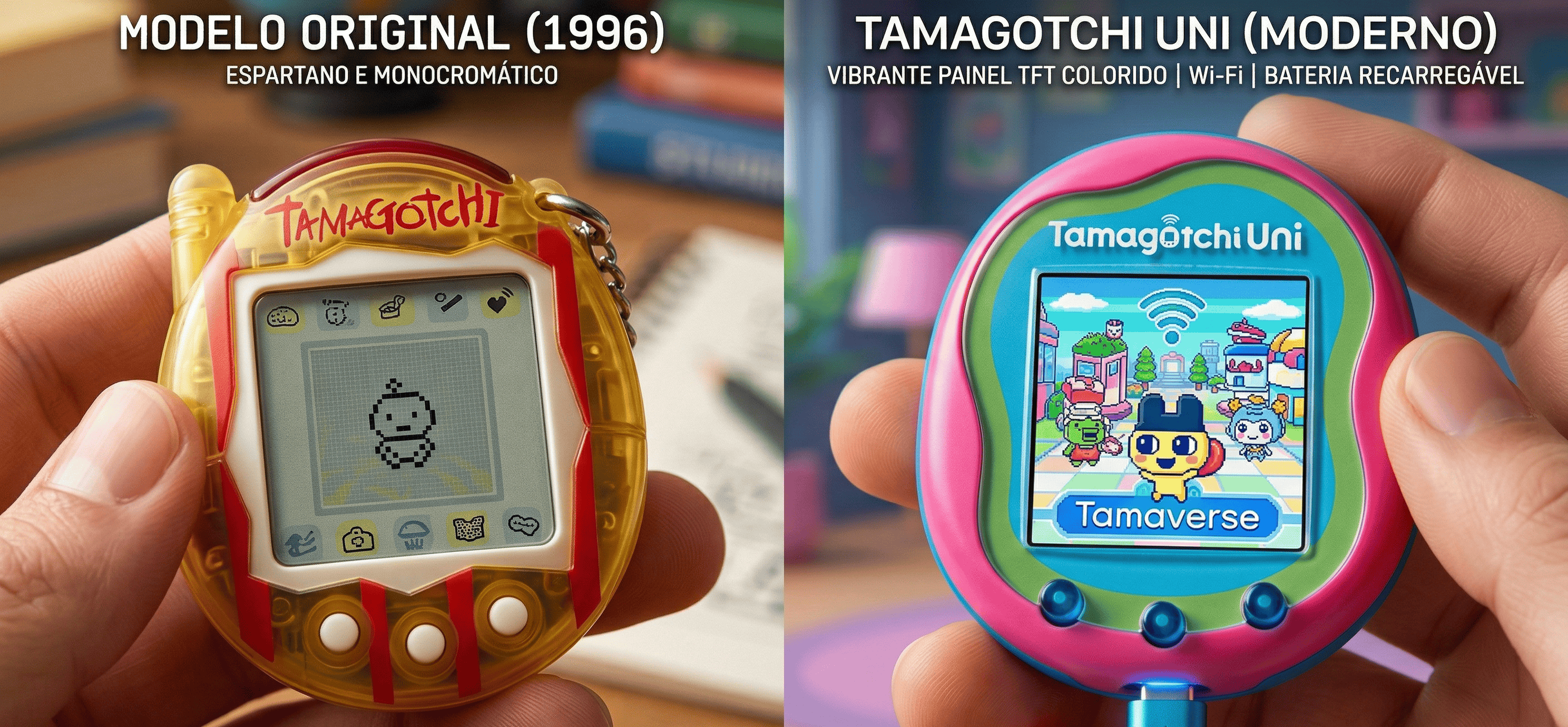 Contraste: Tamagotchi original vs Tamagotchi Uni colorido