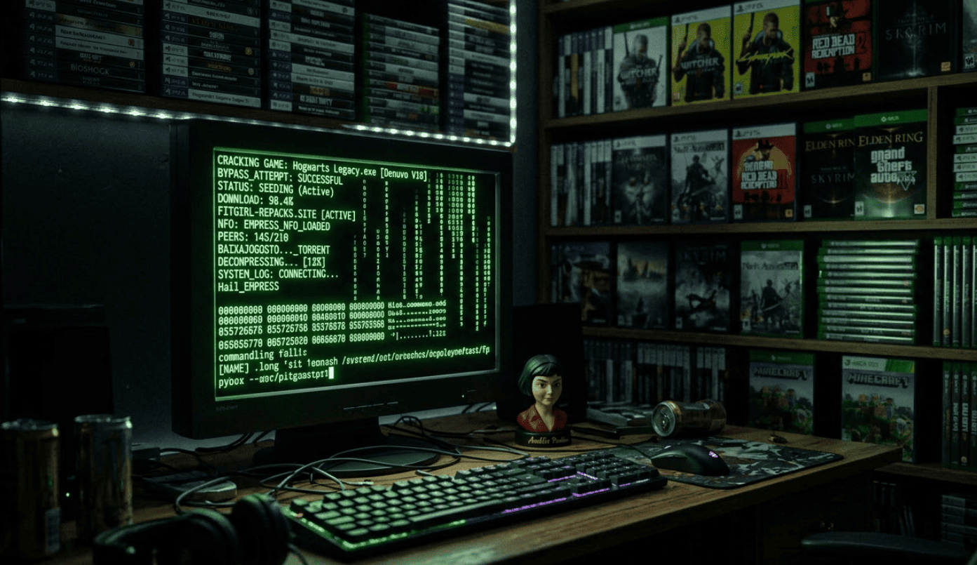 Monitor exibindo linhas de código em um quarto escuro, realçado por um brilho vermelho intenso e indicadores vermelhos.