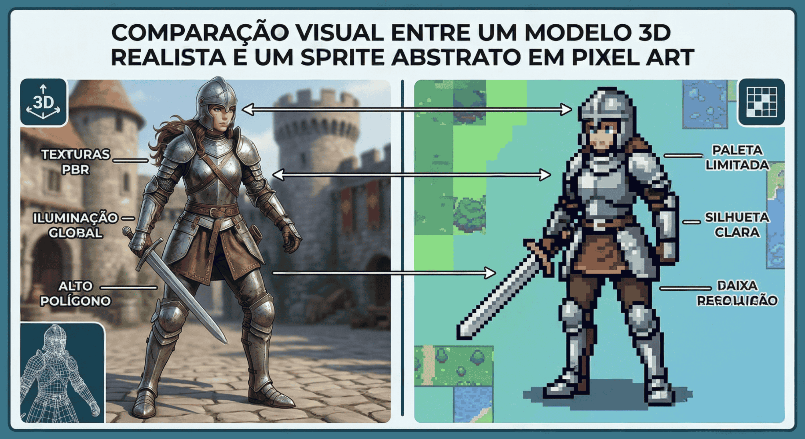 Comparação visual entre um modelo 3D realista e um sprite abstrato em pixel art