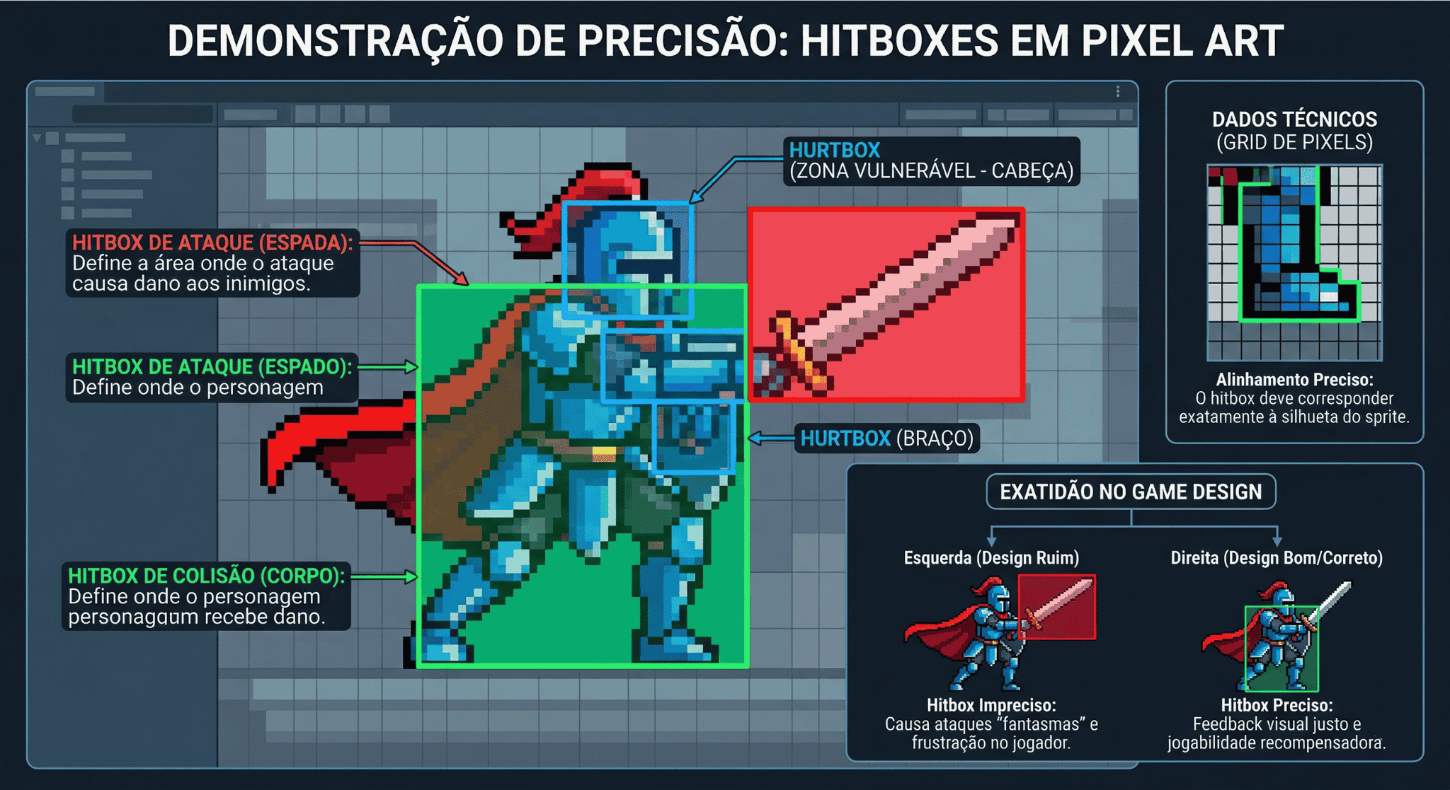 Gráfico de um personagem em pixel art demonstrando a exatidão das hitboxes no game design