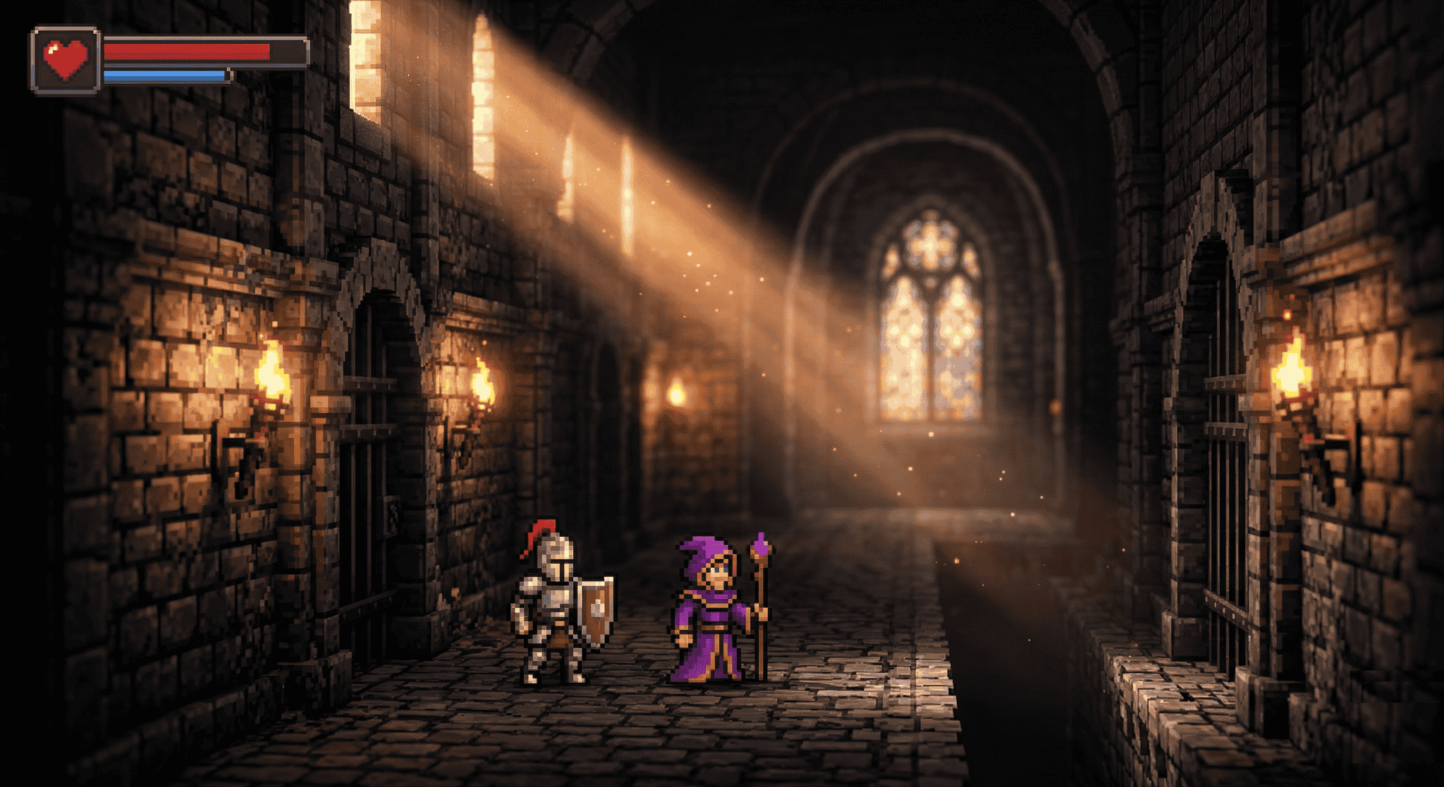 Cenário em pixel art utilizando shaders modernos de iluminação e profundidade de campo