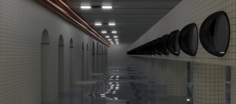 Uma enorme piscina interna coberta por azulejos brancos, água cristalina e arquitetura labiríntica sem saída