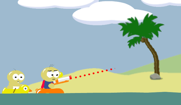 O bebê Simon e seu irmão em uma jangada inflável, atirando bolas de tênis em piratas do outro lado da tela.