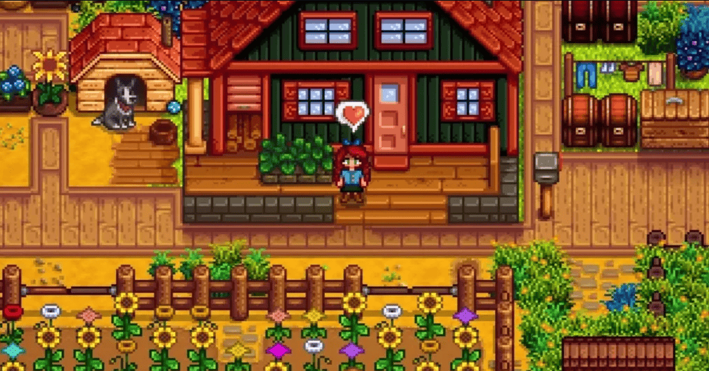 Uma fazenda de Stardew Valley muito evoluída, com iluminação de pôr do sol e shaders avançados