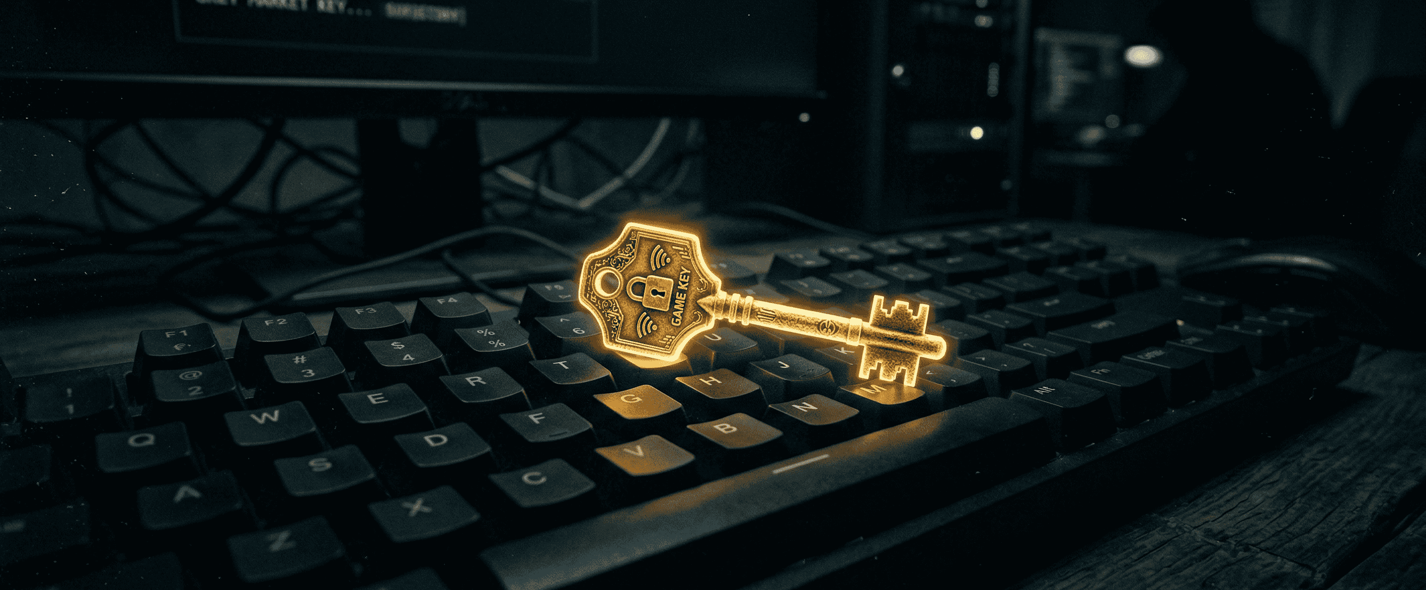 Ilustração de um teclado imerso nas sombras com uma chave dourada brilhante sobre ele, representando o mercado obscuro de keys