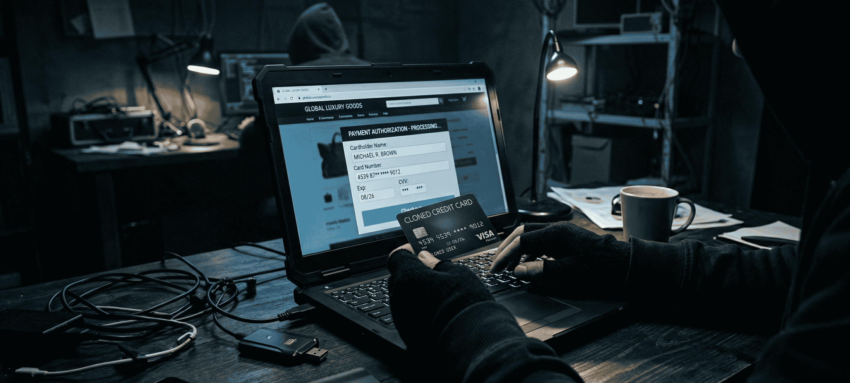 Cartão de crédito clonado sendo usado em um computador escuro