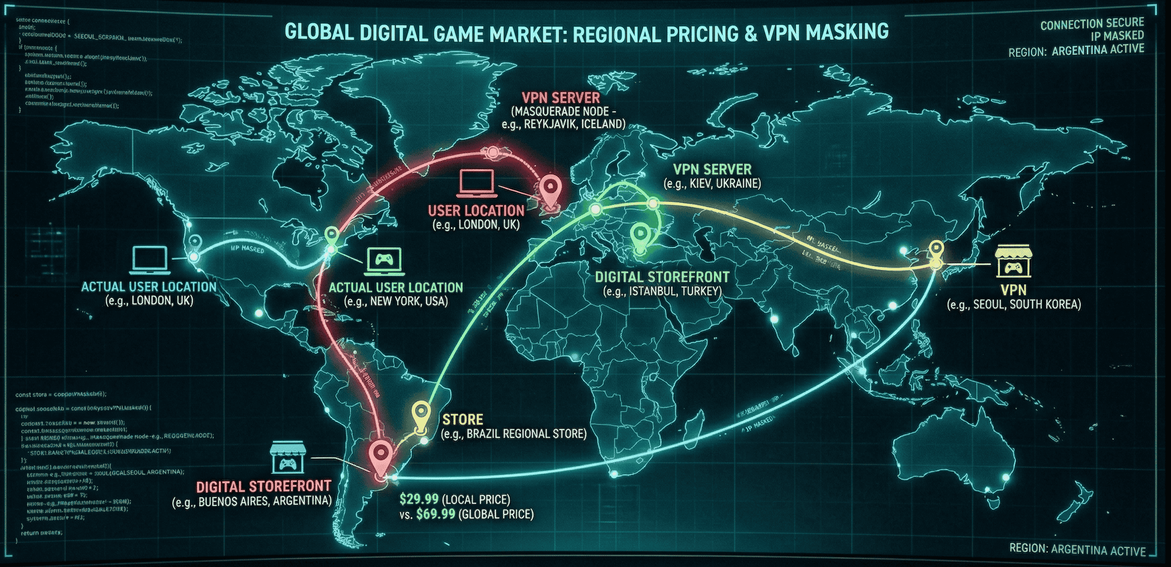 Mapa global mostrando rotas de VPN mascarando localizações para compra de jogos