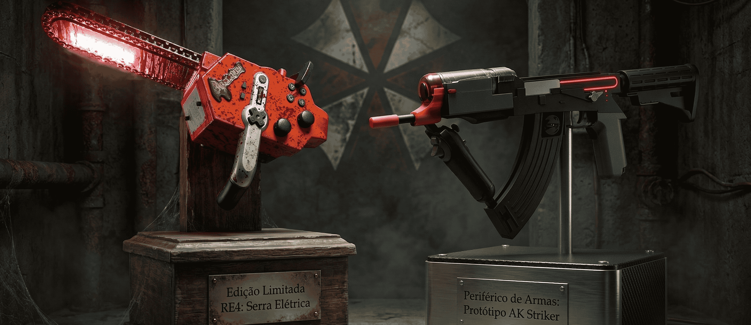 Montagem exibindo o controle serra elétrica do Resident Evil 4 e o controle AK Striker em um fundo escuro e misterioso