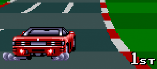 Carro vermelho em pixel art correndo em uma pista clássica do jogo Top Gear de Super Nintendo