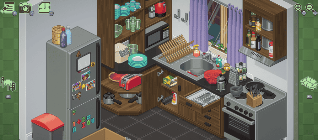 Tela do jogo Unpacking mostrando uma sala sendo organizada com itens nostálgicos