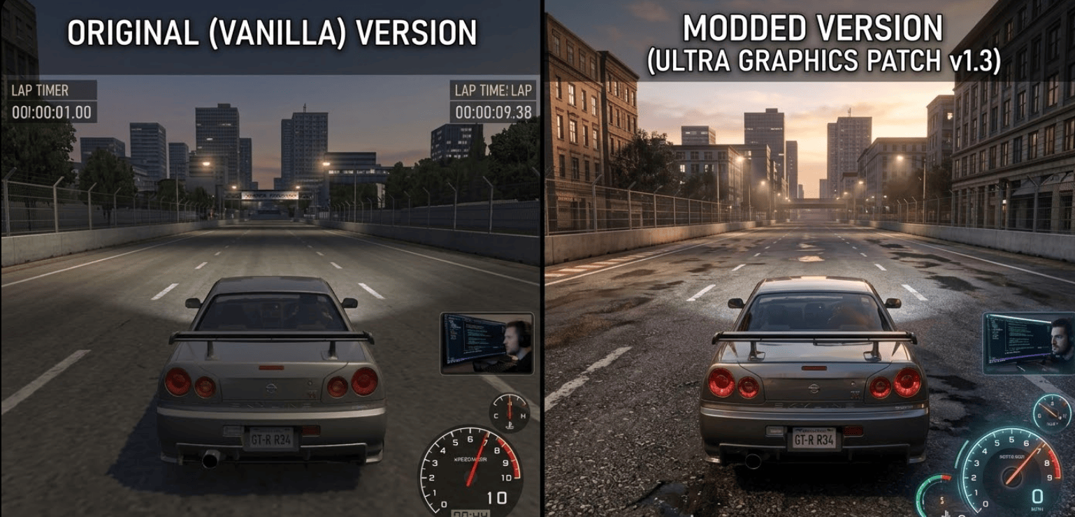 Comparação visual de um jogo original e com mods gráficos