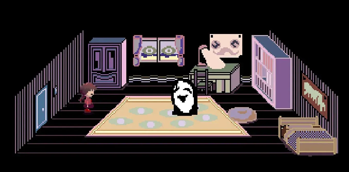 Estilo pixel art de RPG Maker mostrando uma garotinha em um espaço escuro com várias portas flutuantes ao seu redor